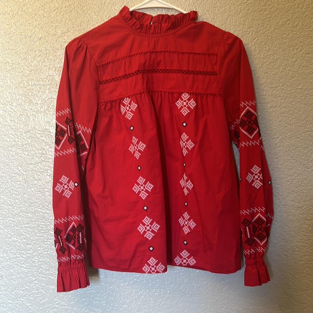Zara BBWM Mock Neck Embroidered Long Sleeved Peasant Top Size Small - Picture 2 of 9